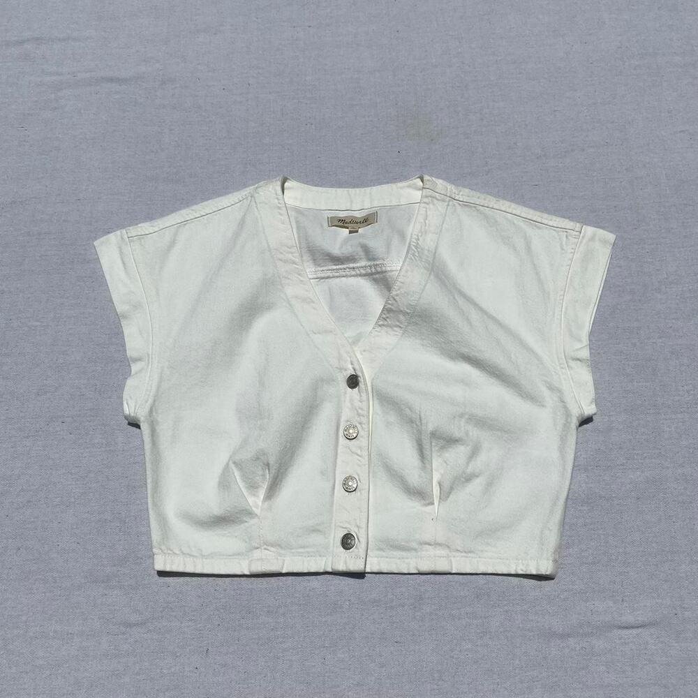 Madewell White Cropped V-Neck Button Front Top - Picture 2 of 7